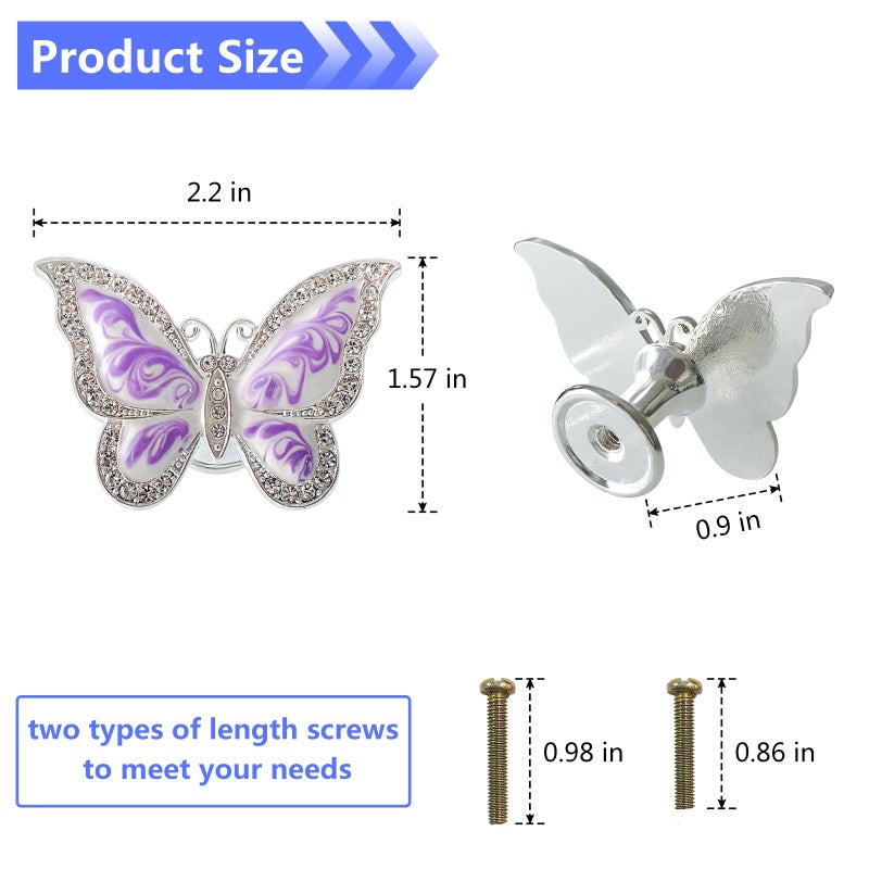 Xinally Butterfly Cabinet Knobs,6 Pieces Butterfly Knobs Single Hole Pulls Handles Decorative Door Cabinet Drawer Cupboard Furniture Door Wardrobe (Purple) - Image 2